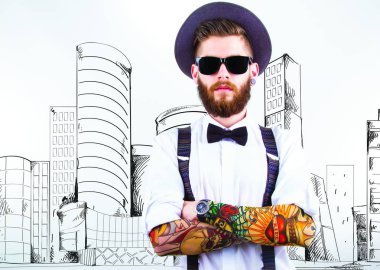 Tasarım arka plan üzerinde sakallı hippi adam