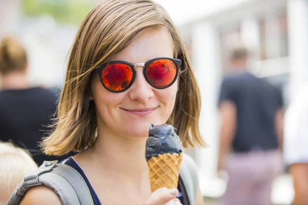 Portrait Woman Eating Ice Cream Outdoor Urban Blessing Concept — Stock Photo, Image