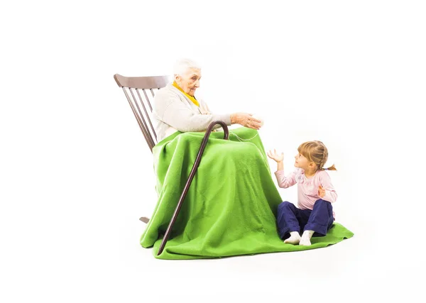 Old Woman Sitting Rocking Chair Her Grandchildren — Stock Photo, Image