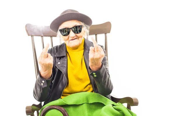 Old Woman Hat Sunglasses Sitting Chair Coverd Green Blacket — Stock Photo, Image