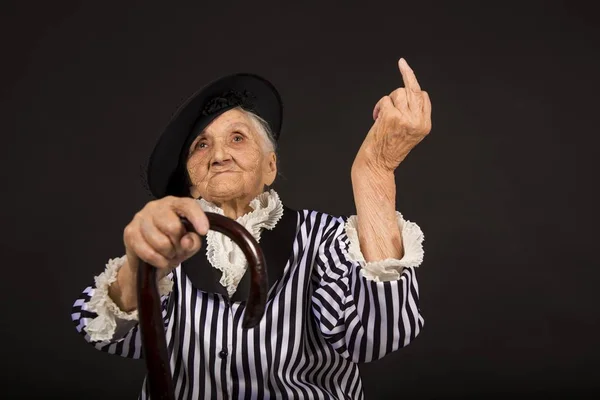 Stylish Old Woman Black Background — Stock Photo, Image