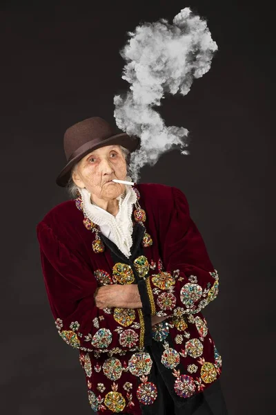 Stylish Old Woman Black Background — Stock Photo, Image