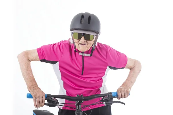 Old biker woman on white background
