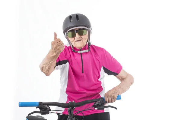 Velho Motociclista Mulher Fundo Branco — Fotografia de Stock