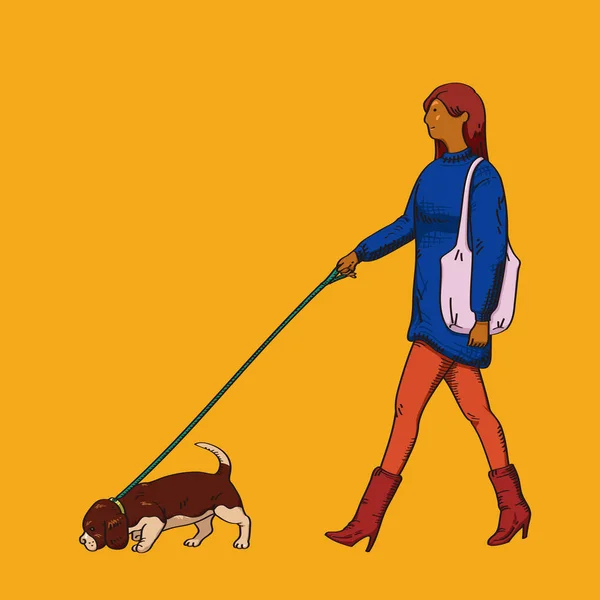 Vetor Ilustração Uma Mulher Andando Com Cão — Vetor de Stock