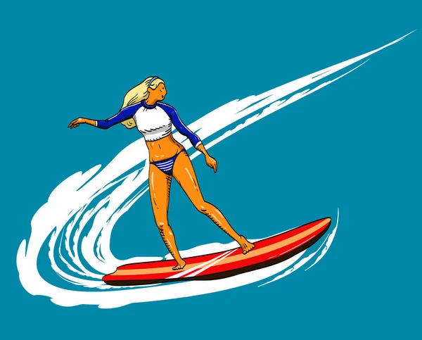 Young Woman Surfer Riding Blue Wave Sports Vector — Stock Vector