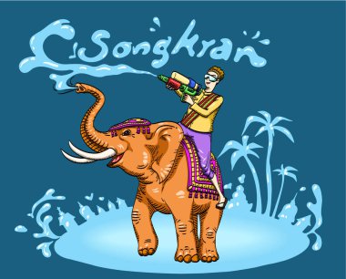 Songkran Festivali fil ve mutlu turist mavi duvar arka planda - vektör çizim su atma