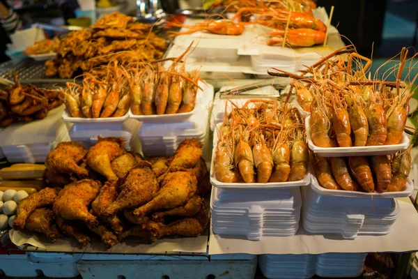 food at the market, seafood and barbecue