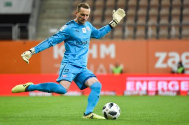 Lubin, Polonya - 22 Aralık 2018: Lehçe Loto Ekstraklasa maç maç Kghm Zaglebie Lubin - Cracovia 1:2 arasında. Eylem kaleci Michal Peskovic.