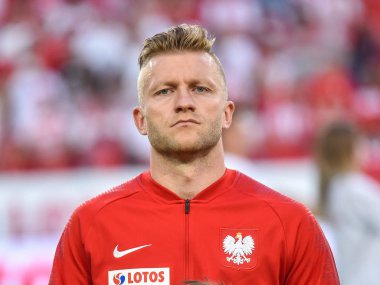 Poznan, Polonya - 8 Haziran 2018: Uluslararası futbol dostluk maçı: Polonya vs Şili 2:2. Resim Jakub Blaszczykowski.