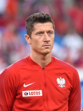 Poznan, Polonya - 8 Haziran 2018: Uluslararası futbol dostluk maçı: Polonya vs Şili 2:2. Resim Robert Lewandowski.