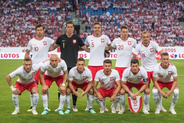 Poznan, Polonya. 8 Haziran, 2018. Uluslararası futbol dostluk maçı: Polonya v Şili 2:2. Maçtan önce Polonya ekibi .