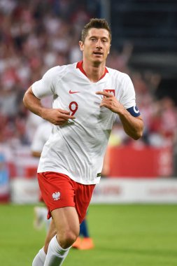 Poznan, Polonya. 8 Haziran, 2018. Uluslararası futbol dostluk maçı: Polonya v Şili 2:2. Gol gol sonra Robert Lewandowski sevinç.