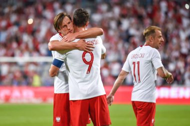 Poznan, Polonya. 8 Haziran, 2018. Uluslararası futbol dostluk maçı: Polonya v Şili 2:2. Gol gol sonra Grzegorz Krychowiak (L) ve Robert Lewandowski (R) sevinç