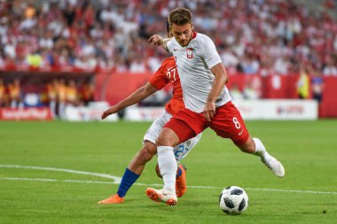 Poznan, Polonya. 8 Haziran, 2018. Uluslararası futbol dostluk maçı: Polonya v Şili 2:2. Eylem Karol Linetty.