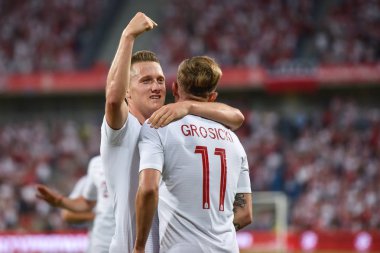 Poznan, Polonya. 8 Haziran, 2018. Uluslararası futbol dostluk maçı: Polonya v Şili 2:2. Gol gol sonra Piotr Zielinski (L) ve Kamil Grosicki (R) sevinç.