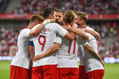Poznan, Polonya. 8 Haziran, 2018. Uluslararası futbol dostluk maçı: Polonya v Şili 2:2. Takım gol gol sonra Polonya sevinç.