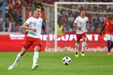 Poznan, Polonya. 8 Haziran, 2018. Uluslararası futbol dostluk maçı: Polonya v Şili 2:2. Eylem Arkadiusz Milik.