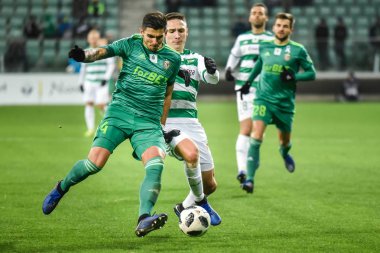 Wroclaw, Polonya - 30 Kasım 2018: Slask Wroclaw - Lechia Gdansk 0 Lehçe Loto Ekstraklasa maç maç: 2. Eylem Wojciech Golla (L) ve Jakub Arak (R).