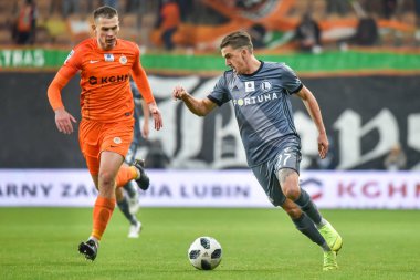 Lubin, Polonya - 25 Kasım 2018: Kghm Zaglebie Lubin - Legia Warszawa 0 Lehçe Loto Ekstraklasa maç maç: 1. Eylem Bartosz Kopacz (L) ve Carlos Lopez Carlitos (R).