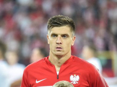 CHORZOW, POLAND - OCTOBER 11, 2018: Football Nations League division A group 3 match Poland vs Portugal 2:3 . In the picture Krzysztof Piatek.