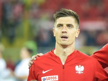 CHORZOW, POLAND - OCTOBER 11, 2018: Football Nations League division A group 3 match Poland vs Portugal 2:3 . In the picture Krzysztof Piatek.