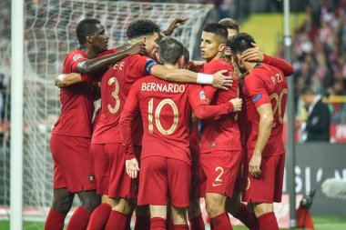 CHORZOW, POLAND - OCTOBER 11, 2018: Football Nations League division A group 3 match Poland vs Portugal 2:3 . Players of Portugal after scoring goal.