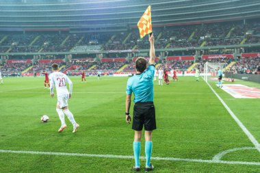 Chorzow, Polonya - 11 Ekim 2018: Futbol Milletler Ligi Lig A grubu 3 maç Polonya vs Portekiz 2:3. Hakem resim Yardımcısı.