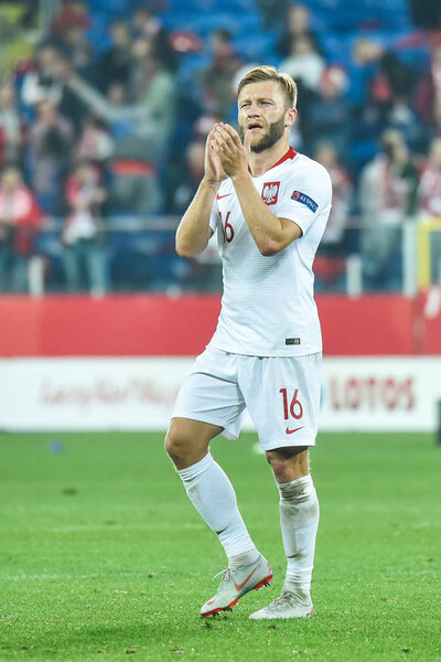 CHORZOW, POLAND - OCTOBER 11, 2018: Football Nations League division A group 3 match Poland vs Portugal 2:3 . In the picture Jakub Blaszczykowski.