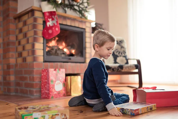 Years Old Boy Front Fireplace Happy Christmas Gifts Stock Picture