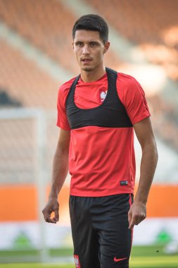 Lubin, Polonya - 6 Eylül 2018: Futbol Avrupa Gençler Şampiyonası U21 eğitim Polonya milli takımı Faroe Adaları ile maçtan önce. Resim Bartosz Kapustka.