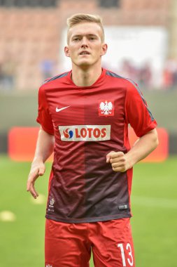 Lubin, Polonya - 7 Eylül 2018: Futbol Avrupa Gençler Şampiyonası U21 nitelikleri arasında Polonya - Faroe Adaları 1:1 Milli takım maç. Resim Karol Swiderski.