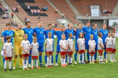 Lubin, Polonya - 7 Eylül 2018: Futbol Avrupa Gençler Şampiyonası U21 nitelikleri arasında Polonya - Faroe Adaları 1:1 Milli takım maç. Faroe Adaları resim takımda.