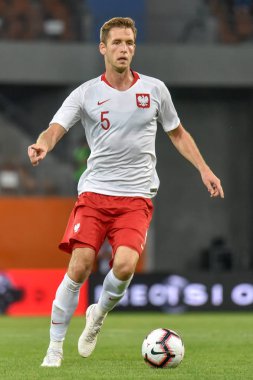 Lubin, Polonya - 7 Eylül 2018: Futbol Avrupa Gençler Şampiyonası U21 nitelikleri arasında Polonya - Faroe Adaları 1:1 Milli takım maç. Eylem Pawel Bochniewicz.