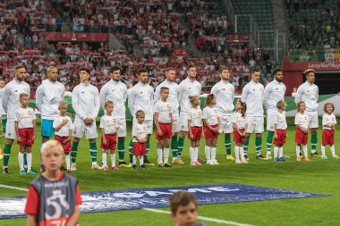 Wroclaw, Polonya - 11 Eylül 2018: Futbol dostluk maçı milli takımlar arasında Polonya - İrlanda 1:1. Hollanda takımının maçtan önce.
