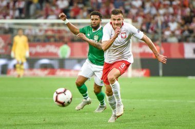 Wroclaw, Polonya - 11 Eylül 2018: Futbol dostluk maçı milli takımlar arasında Polonya - İrlanda 1:1. Eylem Arkadiusz Reca.