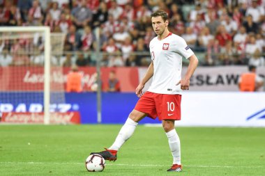 Wroclaw, Polonya - 11 Eylül 2018: Futbol dostluk maçı milli takımlar arasında Polonya - İrlanda 1:1. Eylem Grzegorz Krychowiak.