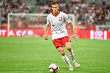 Wroclaw, Polonya - 11 Eylül 2018: Futbol dostluk maçı milli takımlar arasında Polonya - İrlanda 1:1. Eylem Arkadiusz Reca.