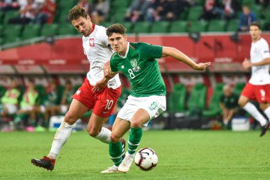 Wroclaw, Polonya - 11 Eylül 2018: Futbol dostluk maçı milli takımlar arasında Polonya - İrlanda 1:1. Eylem Grzegorz Krychowiak (L) ve Callum O'Dowda (R).