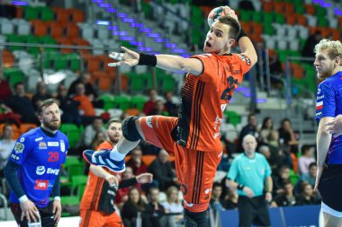 Lubin, Polonya-13 Mart, 2019: Polonya PGNiG Superleague erkekler arasında hentbol maç MKS Zaglebie Lubin-Energa Wybrzeze Gdansk 29:25. Eylem Tomasz Pietruszko içinde.