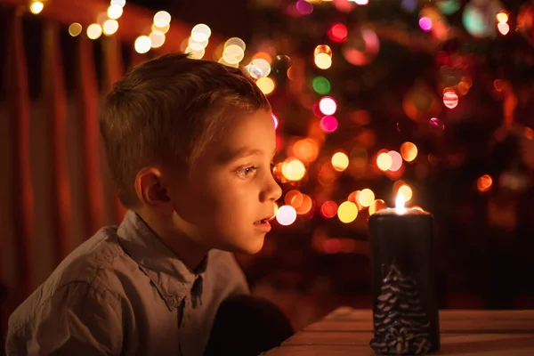 Seven Year Old Boy Candle Christams Tree Background Stock Image