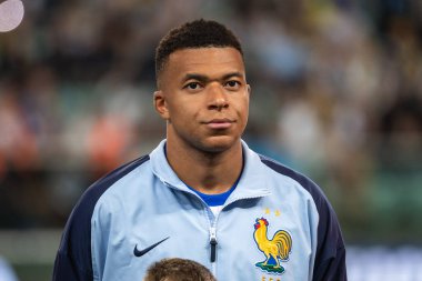 WROCLAW; POLAND - 5 Eylül 2025: FIFA 2026 elemeleri. Futbol maçı Ukrayna Fransa 'ya karşı 0: 2. Mbappe Kylian 'ın Portresi.