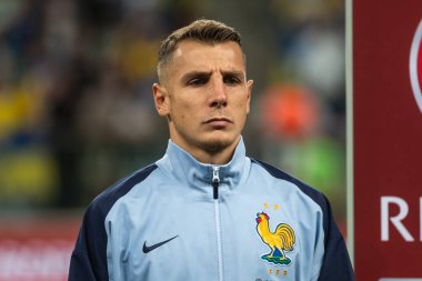 WROCLAW; POLAND - 5 Eylül 2025: FIFA 2026 elemeleri. Futbol maçı Ukrayna Fransa 'ya karşı 0: 2. Digne Lucas 'ın portresi.