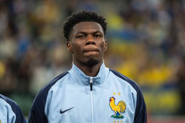 WROCLAW; POLAND - 5 Eylül 2025: FIFA 2026 elemeleri. Futbol maçı Ukrayna Fransa 'ya karşı 0: 2. Tchouameni Aurelien 'in portresi.