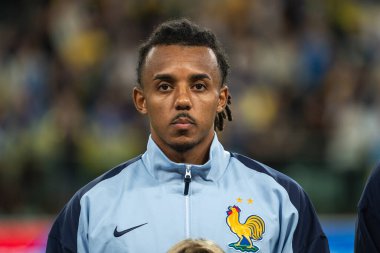 WROCLAW; POLAND - 5 Eylül 2025: FIFA 2026 elemeleri. Futbol maçı Ukrayna Fransa 'ya karşı 0: 2. Kounde Jules 'un Portresi.