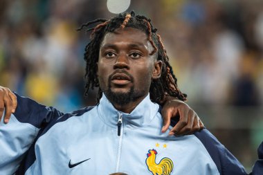 WROCLAW; POLAND - 5 Eylül 2025: FIFA 2026 elemeleri. Futbol maçı Ukrayna Fransa 'ya karşı 0: 2. Kone Manu 'nun Portresi.