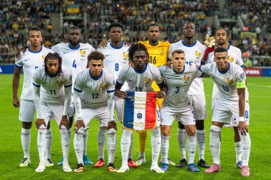 Wroclaw 05.09.2025 Eliminacje MS FIFA 2026 Mecz Ukrayna - Francja n / z reprezentacja Francji gora Kounde Jules, Upamecano Dayot, Tchouameni Aurelien, bramkarz Maignan Mike, Konate Ibrahima, Barcola Bradley, dol Olise Michael, Doue Desire, Kone Manu, D