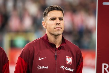CHORZOW; POLAND - 7 Eylül 2025: FIFA 2026 elemeleri. Futbol maçı Polonya 'ya karşı Finlandiya. Jan Bednarek.