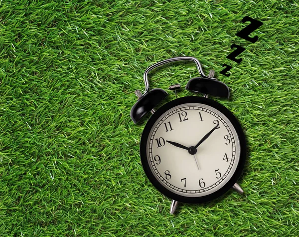 起床晚概念 闹钟睡在绿草背景上 — 图库照片