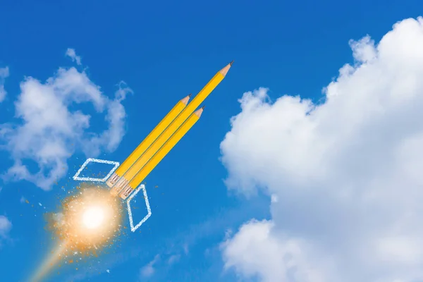 Onderwijs Concept Kennismanagement Gele Potlood Raket Blauwe Lucht Achtergrond — Stockfoto